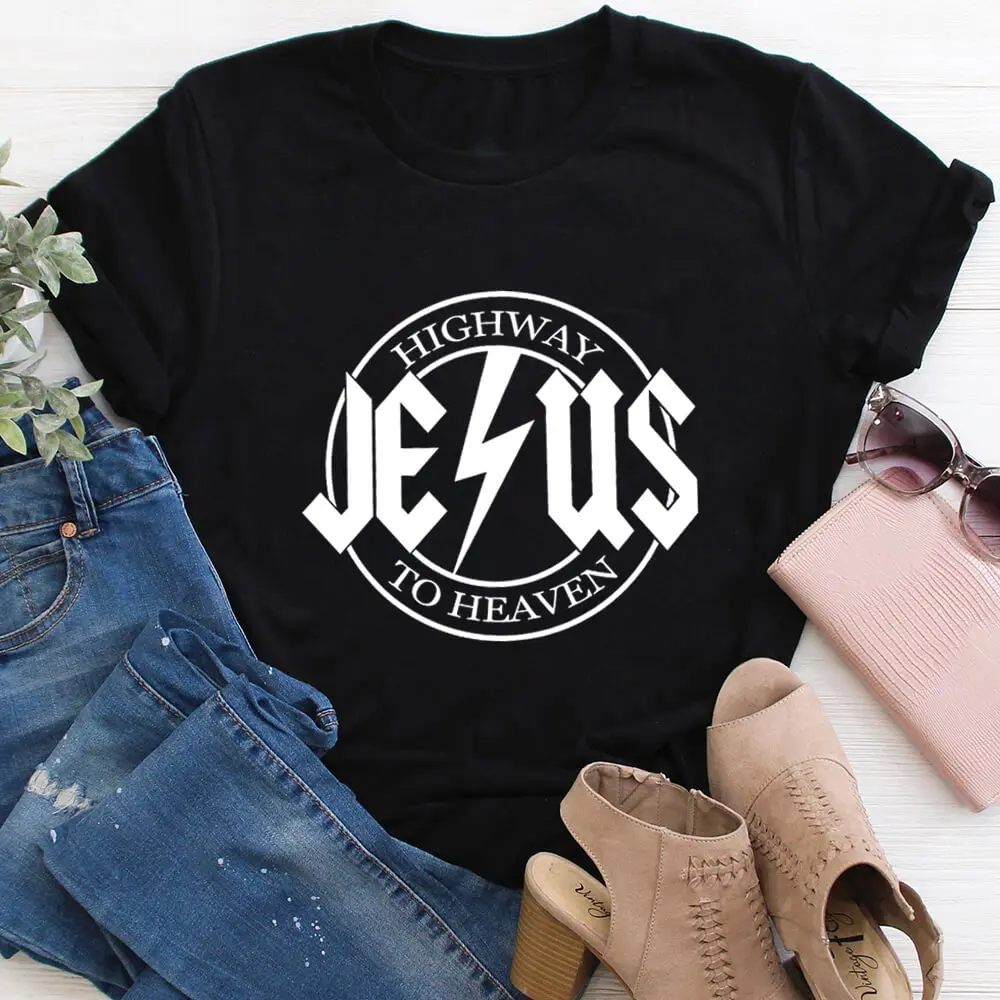 Jesus Highway to Heaven 100%Cotton Women Tshirt Christian Shirt Unisex Summer Casual Short Sleeve Top Jesus Shirts Religious Tee