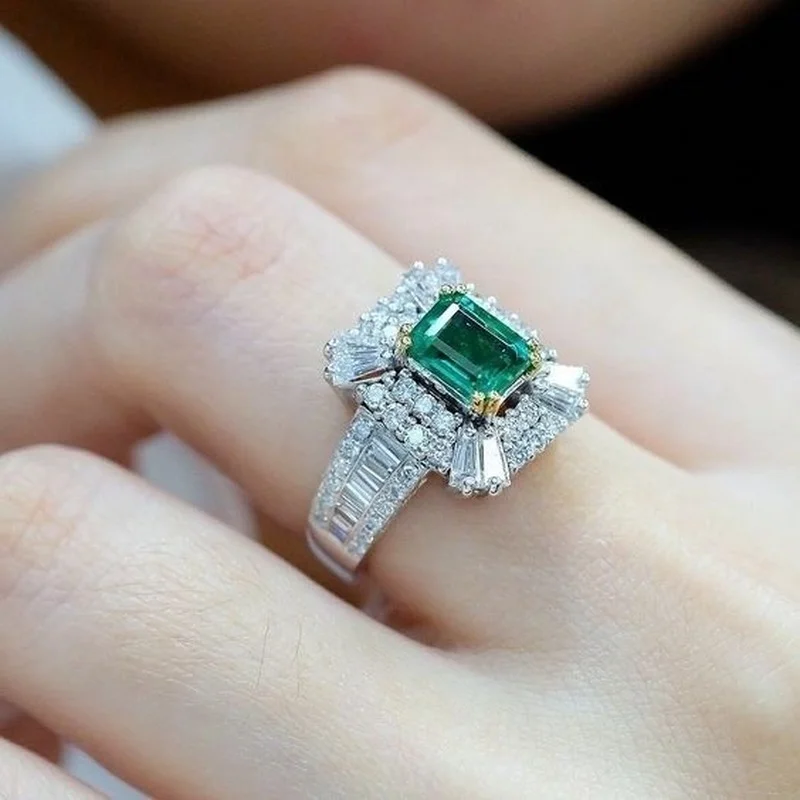 Dazzling Natural Gemstone Emerald Ring Women Wedding Engagement Fine Jewelry Size 6-10