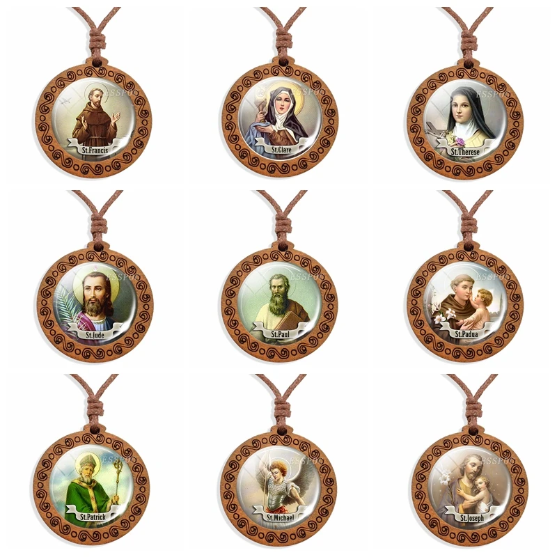 Religious Necklace Christian Saint St.Michael St.Jude St.Patrick Glass Cabochon Wooden Necklace Wax Rope Necklace Wooden Jewelry