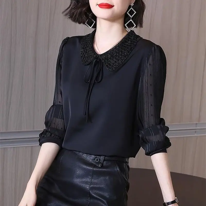 Frauen Blusen Frühling Herbst Neue Lange Hülse Peter Pan Kragen Spitze Chiffon Shirts Büro Dame Pendler Mode Casual Blusen