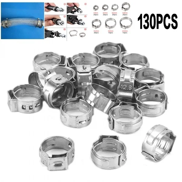 130PCS Stainless Steel Single Ear Hose Clamp 5.8-21mm Crimp Hose Clamp Kit Assortment