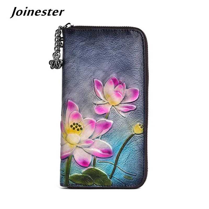 Vintage Embossed Women Full Grain Leather Long Wallet кошелек женский Ladies Zipper Around Clutch Wristlet Purse Card Holder