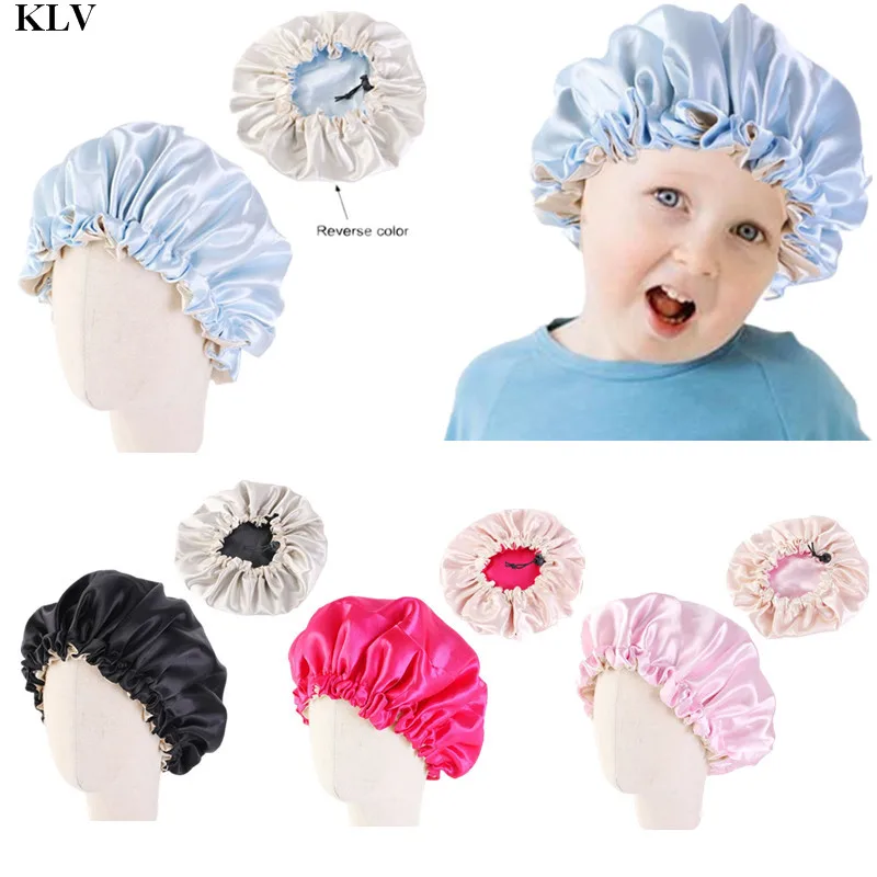 KLV-Bonnet de Nuit Réversible en Satin pour Enfant, Doux, Double Couche, Taille Réglable, pour Bébé de 2 à 7 ans