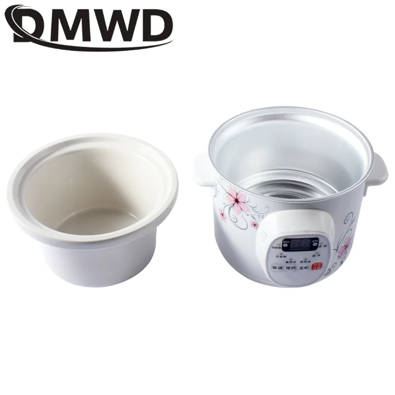 DMWD Electric Slow Cooker 1.5L Mini Health Pot Stew Soup Porridge Time Control Ceramic Baby Food Cooking Machine Meal Steamer