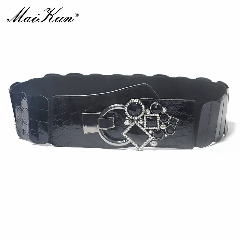 

Maikun European And American New Style Punk Faux Leather Elastic Wide Belt With Rhinestone Inlaid Pair Buckle Ladies Wide Girdle