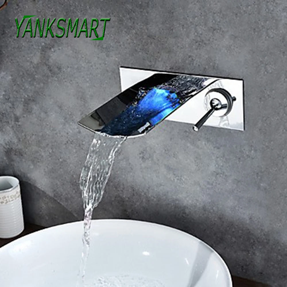 

YANKSMART Temperature Control LED Light Bathroom Chrome Polished Faucet Waterfall Mixer Tap Single Handle Wall Mounted Faucets