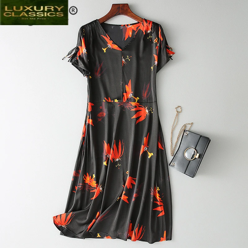 

Women Vintage Summer Dress Real Silk Dresses Female Korean Floral Mini Vestidos Ladies Beach Evening Party Dresses S084