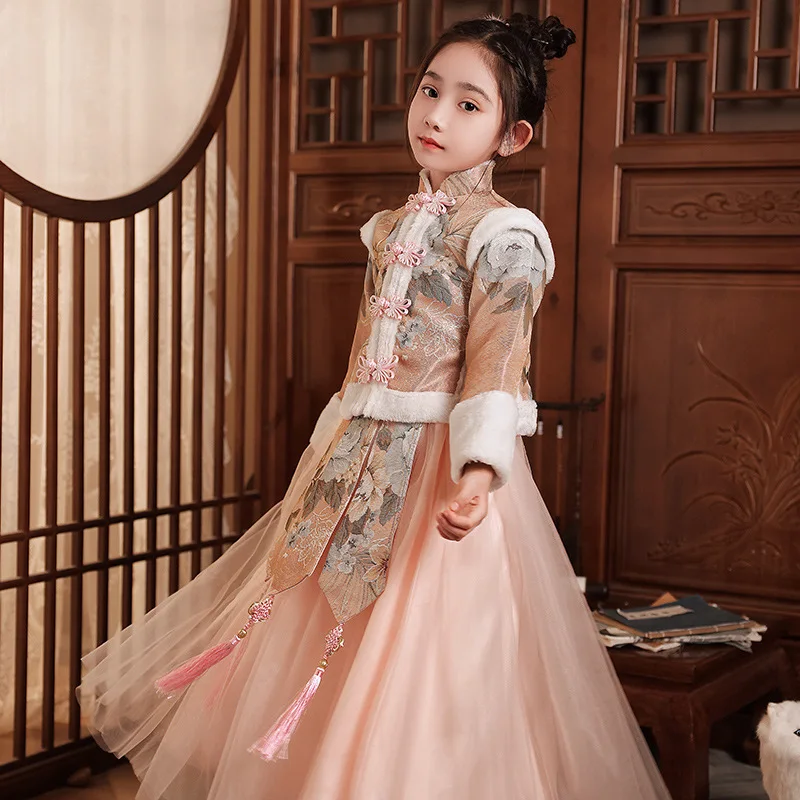 

Winter New Thick Chinese Style Tassel Hanfu Girl New Year Greeting Princess Dress Party Evening Performance Vestido Cheongsam