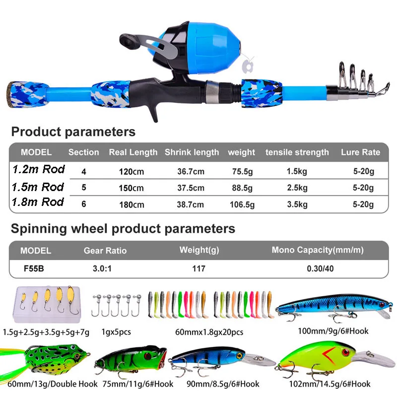 WESTBASS 1.2-1.5-1.8m Children Fishing Rod and Spincast Reel Combo With Fishing Line（40m）Fishing Lures Full Kits for Boys Girls