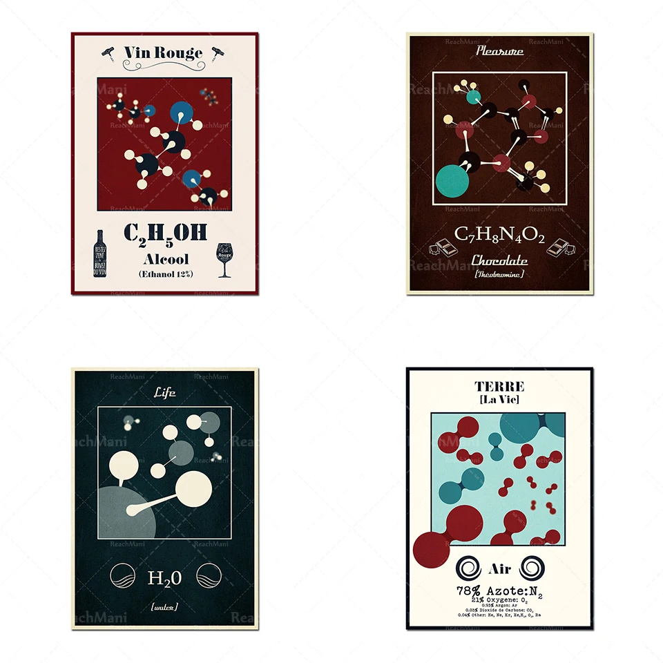 Original illustration-alcohol molecule-ethanol-air-earth-chocolate molecule-water molecule-life-retro inspired science game-grap