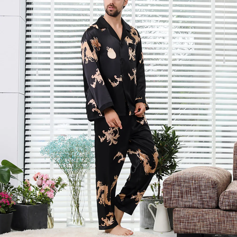 2022 Men Women Pajamas Set Imitation Silk Dragon Print Shirt Pants Couple Sleepwear Pajama Set Sleepwear lingerie пижама женская