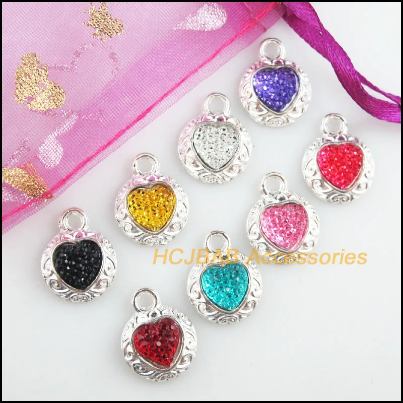 16 New Flower Charms Silver Plated Retro Heart Mixed Resin Pendants 13x16mm