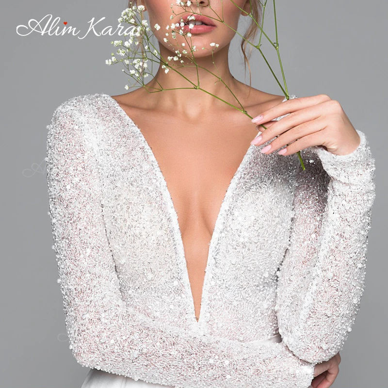 فستان زفاف بأكمام طويلة على شكل حرف a 2025 فستان عروس سبليت على شكل حرف v مخصص للأميرة Alim Kara EL05 مقاس كبير فيستدو دي نوفيا