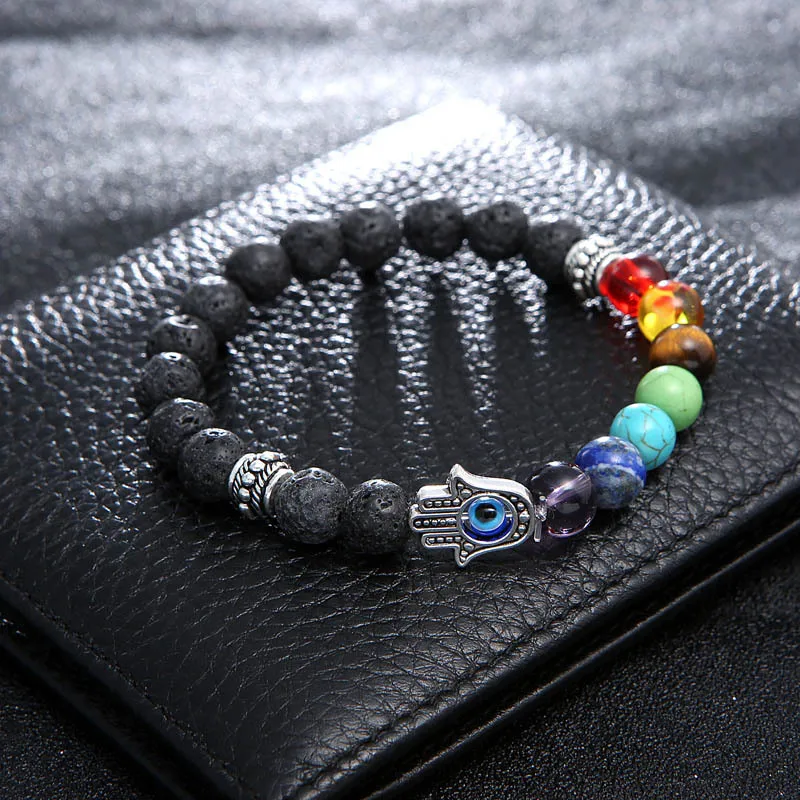 Natural Black Lava Stone 7 Chakra Beads Bracelet for Men Women Stretch Fatima Hamsa Hand Charm Blue Eye Bracelet Lucky Jewelry