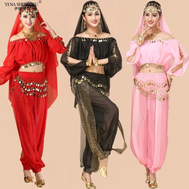 Costumi di danza di Bollywood costumi di danza del ventre indiani Set Top + Pant Set di costumi di danza del ventre orientale Bollywood taglia unica nuovo