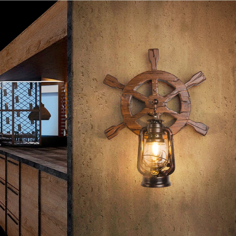 American Retro Industrial Windmill Wood Wall Lamp E27 Glass Wall Light Rion Vintage Light Fixture Restaurant Bedroom Lamp Bra