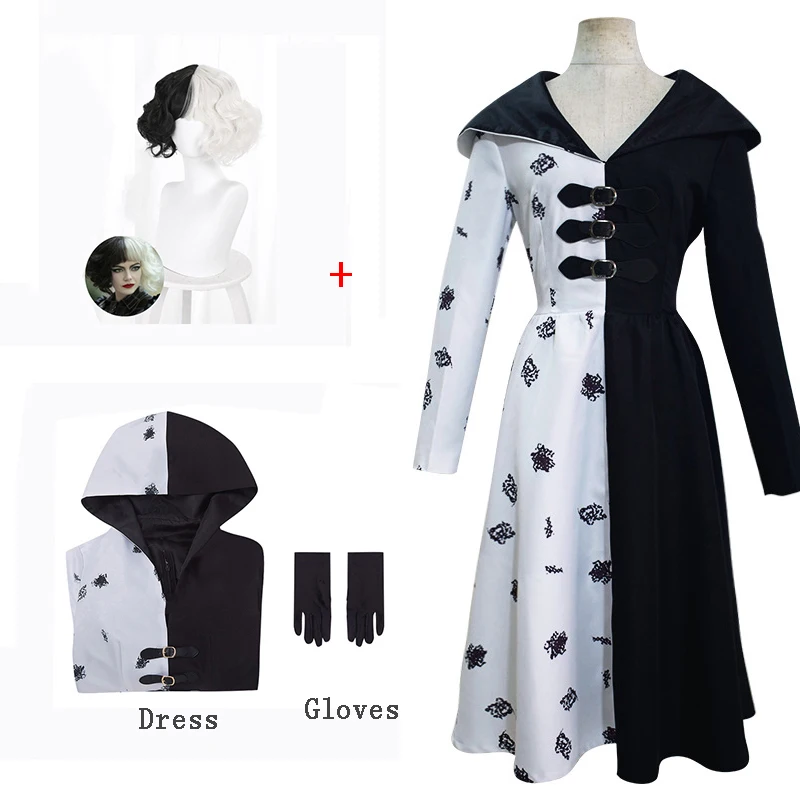 Anime Cruella De Vil Cosplay Costume Movie Adult Women Gown Black White Maid Dress with Gloves Hoodie Dresses Halloween Party