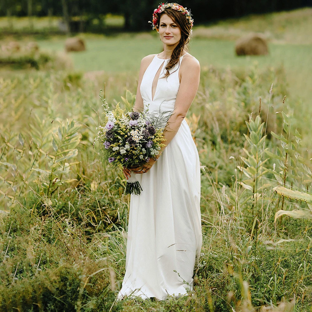 Vestido de novia bohemio de chifón, prenda de vestir de línea A, hecha A medida, con abertura en forma de cerradura, color blanco marfil, de talla grande, con espalda descubierta