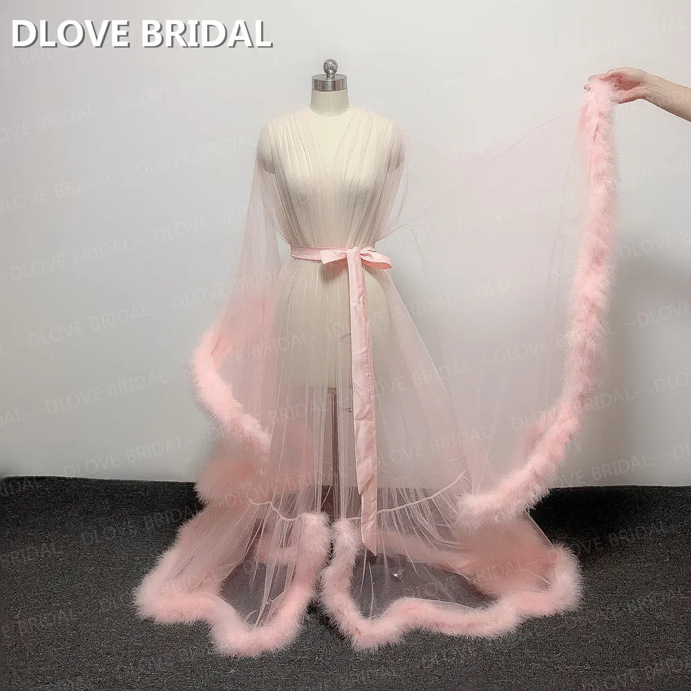 Illusion Bridal Boudoir Robe Fuchsia Green Feather Sexy Sheer Tulle Long Birthday Costume Dressing Gown Factory Custom Made