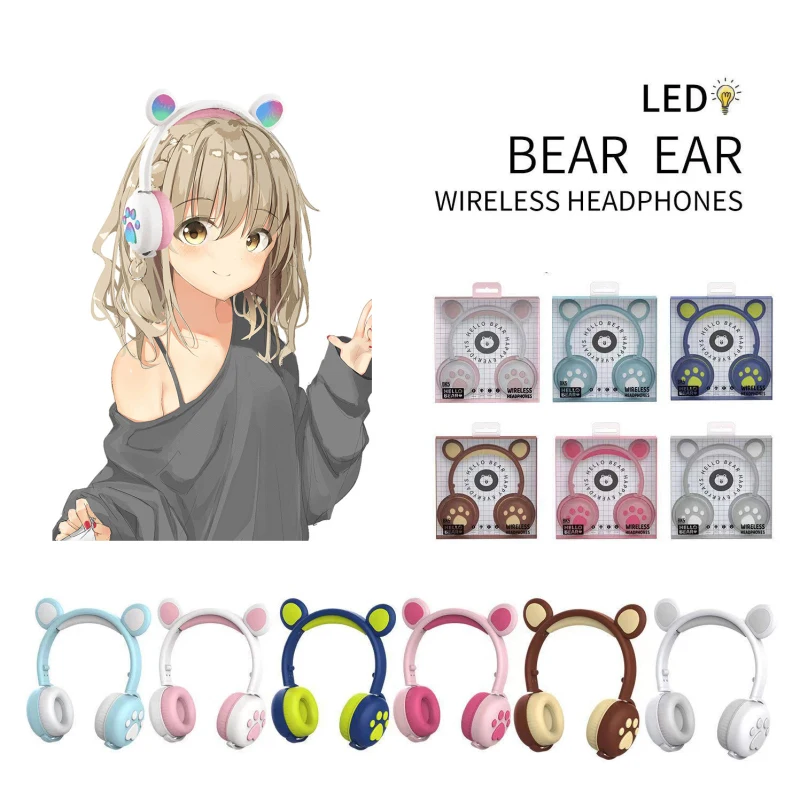 Cute Bear Ear Paw Headset Glowing Kids Wireless Bluetooth-Compatible 5.0 Headphones Girls Earphone with Mic Children Gifts