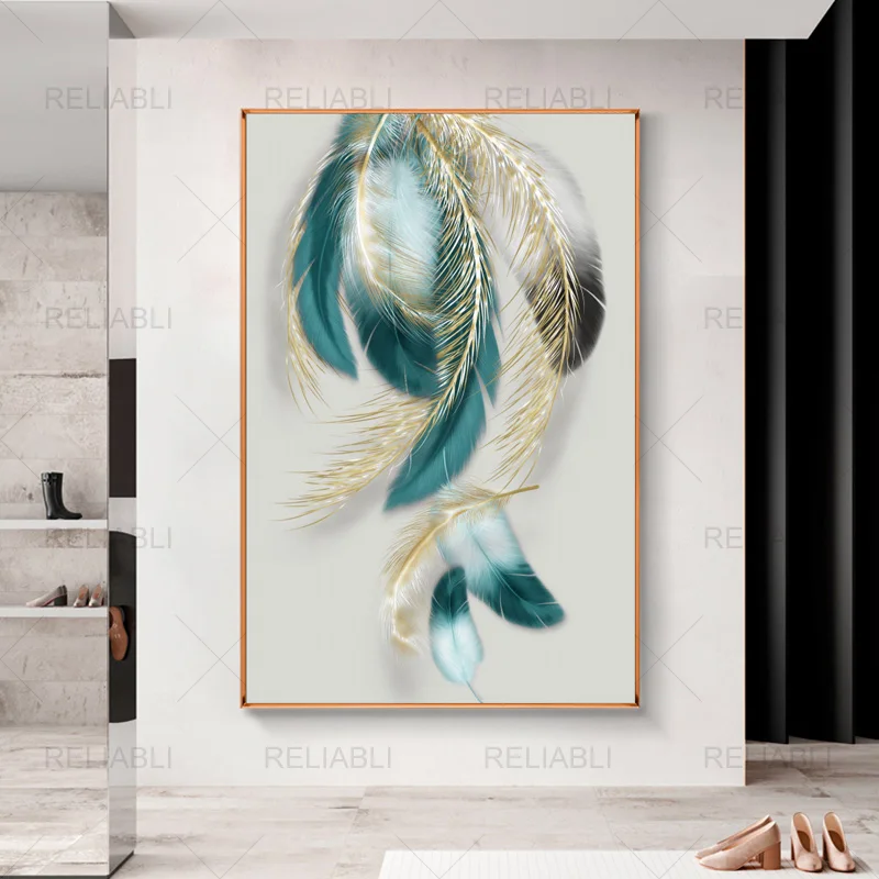 Nordic Green Golden Feather Art Prints Modern Canvas Painting Abstract Leaf Poster Wall Pictures for Interior Home Decor Cuadros