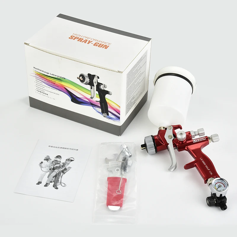 Spray gun with pressure gauge Red gravity paint spray gun 1.3mm nozzle with 14 holes high atomization 600cc cup  spray gun tool