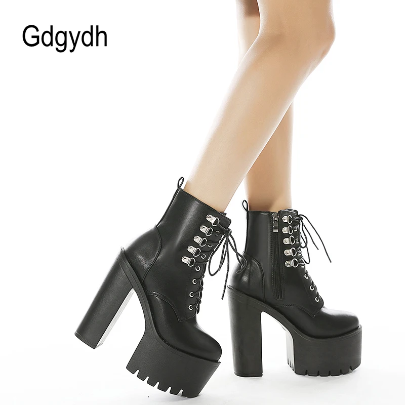 Gdgydh Ultra High Heels Women Motorcycle Boots Gothic Style Sexy Rivet Black Soft Leather Plaform Chunky Heel Punk Knight Boots