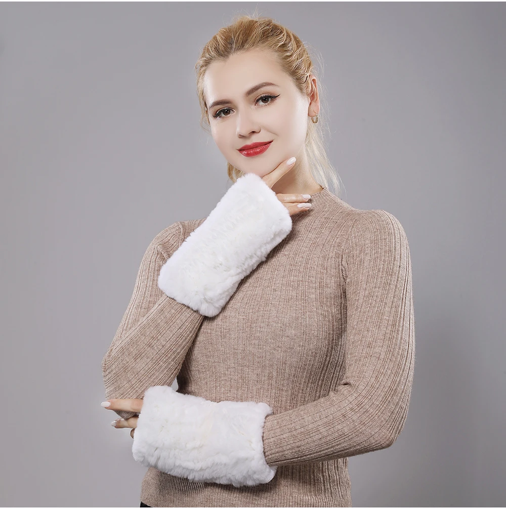 New Women 100% Real Genuine Knitted Rex Rabbit Fur Mittens Winter Warm Lady Real Fur Fingerless Gloves Handmade Knit Fur Mitten