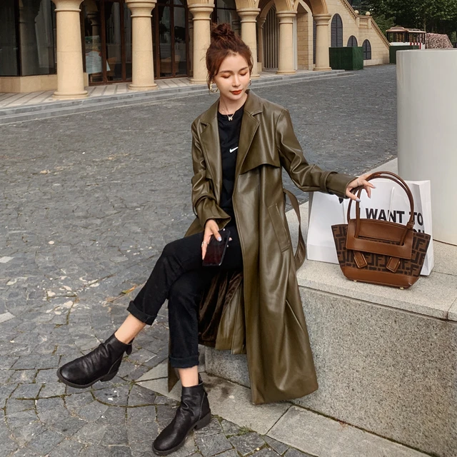 Brand Pop Fashion Pu Leather Trench Coat For Women Duster Coat Lady Cloak With Belt Spring Autumn Outerwear Female Clothes Trench AliExpress