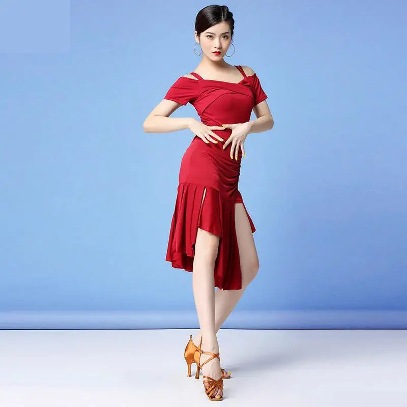 New Fashion Women Dance Clothes International Performance Costumes Salsa Samba Sling Dress Off Shoulder Irregular Latin Costumes