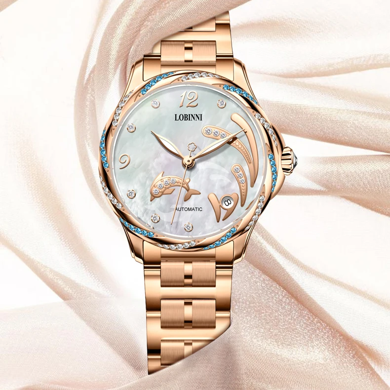 LOBINNI Luxury Women Watch,Lady Automatic Watches Self Wind Mechanical Wristwatch 50m Waterproof Sapphire Mirror Austria Crystal