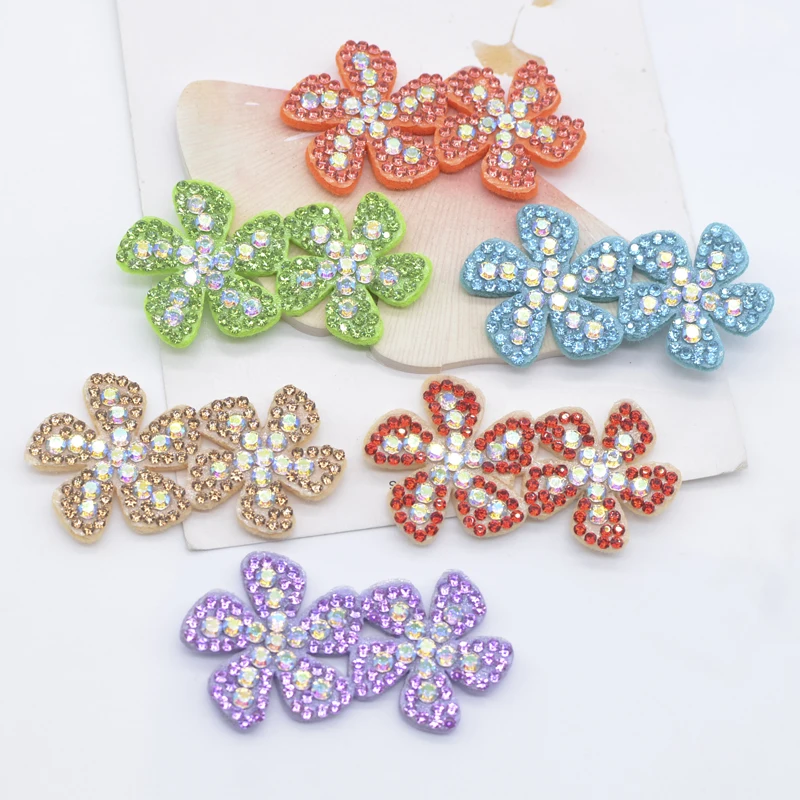 12Pcs 50*28mm Padded Double Flower Rhinestone Scrapbooking for Clothing Patches DIY Headwear Hair Clips Bow Decor Appliques