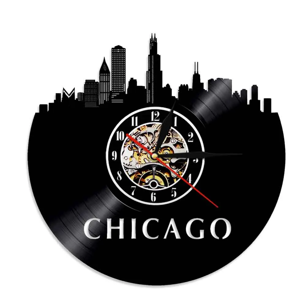 The City Of USA Chicago Skyline 3D Wall Clock Modern Design Vinyl Record Wall Clocks 3D Wall Watches Handmade Travel Gift Idea