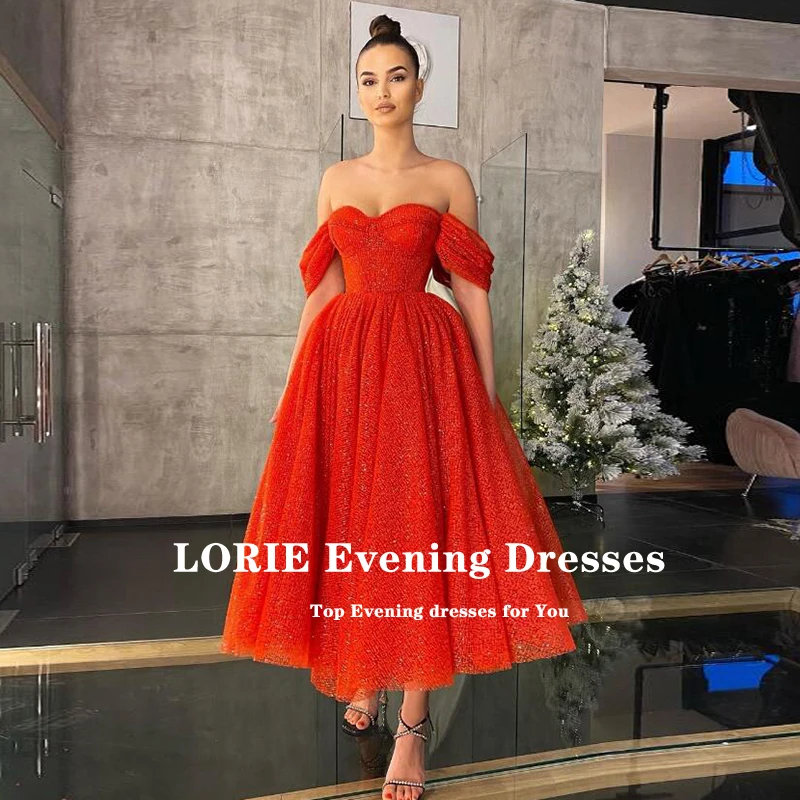 LORIE Glitter Prom Dress Red Off the Shoulder Tea Length Shiny Celebrity Wedding Party Dress for Graduation vestidos de fiesta