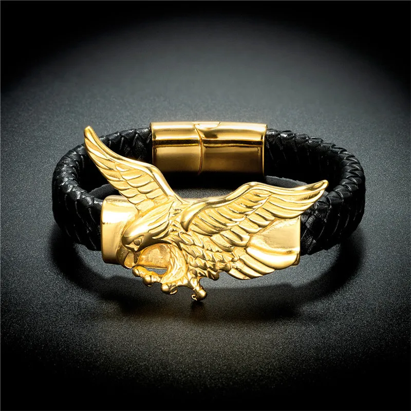 Fashion Braided Leather Bracelet Men's Stainless Steel Winged Eagle Magnetic Clasp Wrapping Classic Bangle Male Jewelry Gift