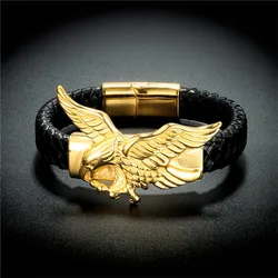 Fashion Braided Leather Bracelet Men's Stainless Steel Winged Eagle Magnetic Clasp Wrapping Classic Bangle Male Jewelry Gift