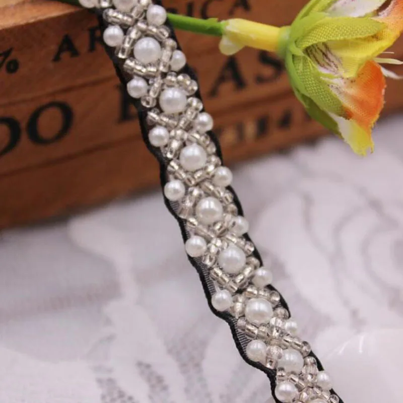 1yard/lot 10mm Pearl Beaded Lace Fabric Ribbon For DIY Sewing Garment Collar Sleeve Skirt Lace Materials N0303