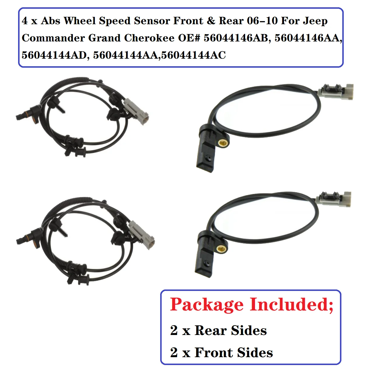 New Abs Wheel Speed Sensor Front & Rear 06-10 for Jeep Commander Grand Cherokee 56044146AB, 56044146AA, 56044144AD, 56044144AA