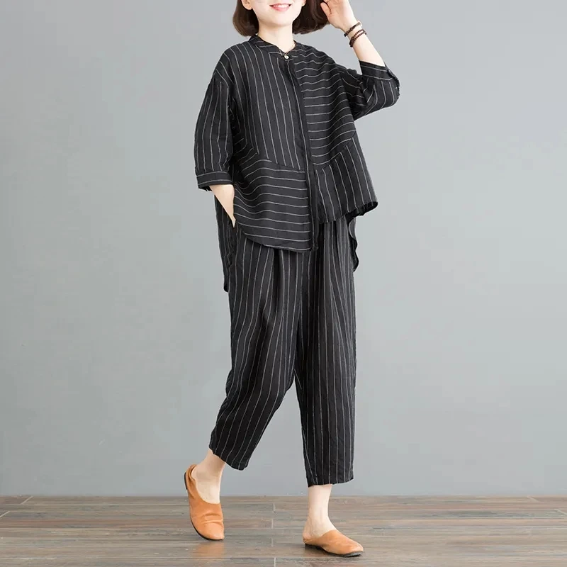 New Large Size Suit Women Clothing Summer Loose Striped Half Sleeve Cotton Linen Shirt Wide-leg Nine-point Pant Two-piece Sets