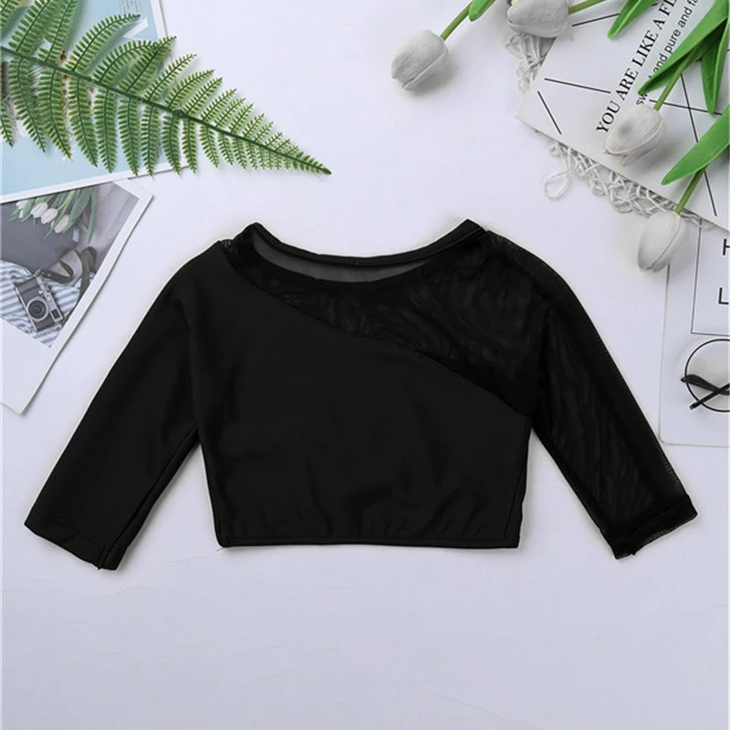 Kids Girls Asymmetrical 3/4 Sleeves Gymnastics Crop Top for Ballet Dance Wear Stage Performance Dancewear Gym Workout Crop Top