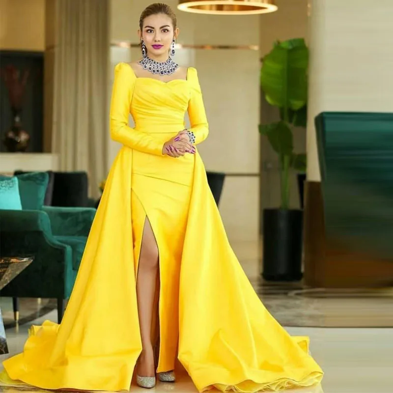 

Modest Yellow Arabic Prom Gown 2024 Full Sleeve Side Split Overskirt Formal Dress Satin Red Carpet Celebrity Evening Dresses