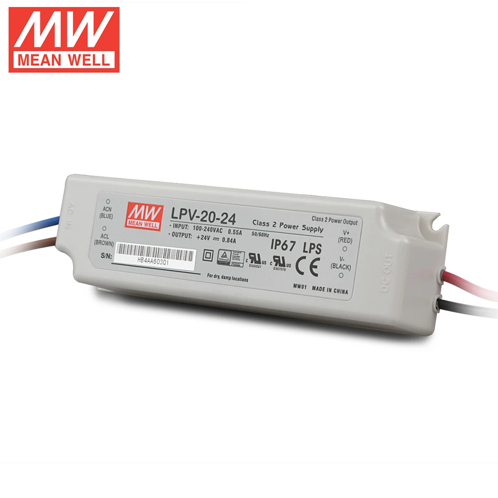 Mean Well Switching Power Supply LPV-20 20W 5V 12V 15V 24V Constant Voltage Waterproof Plastic LED Driver Ip67 AC DC Meanwell