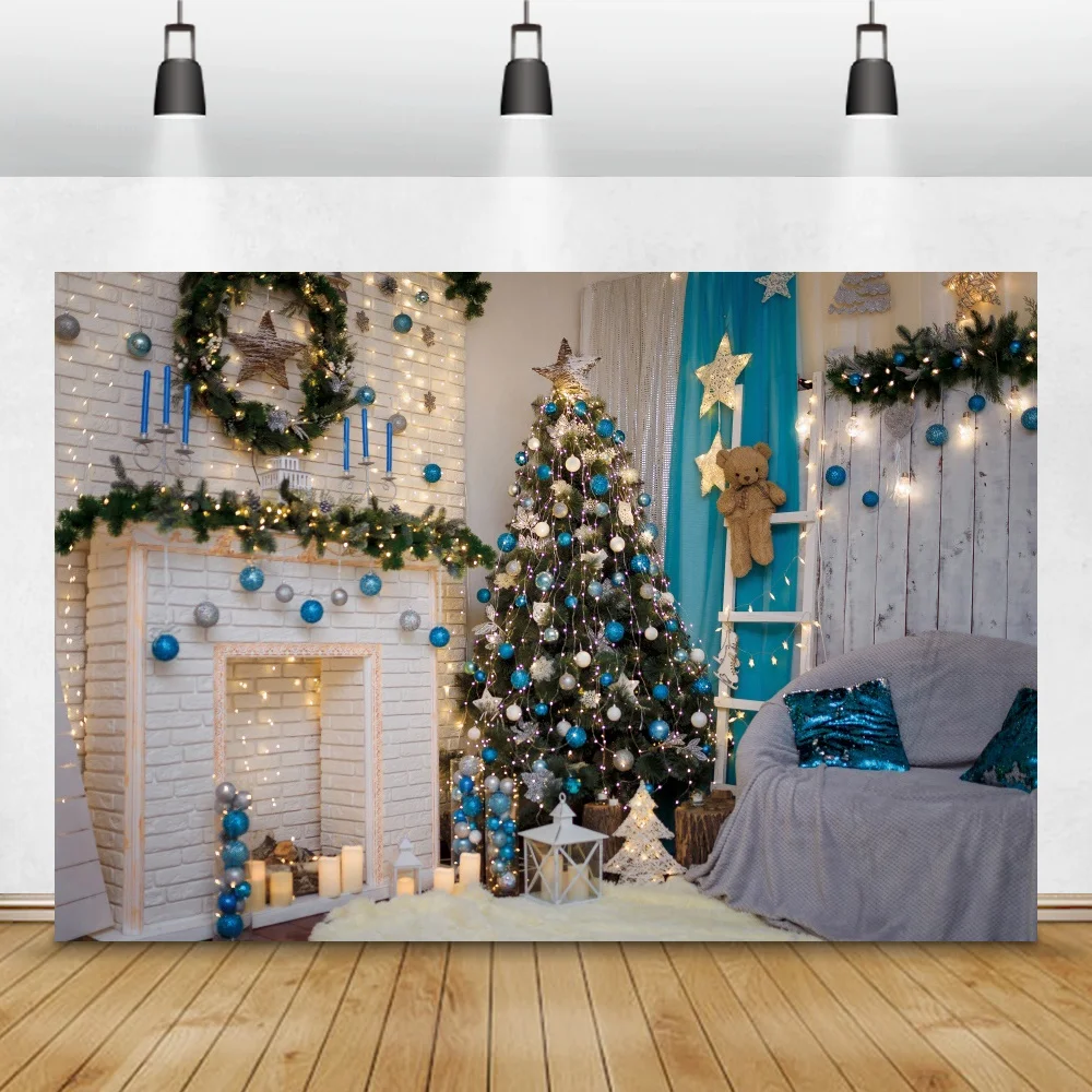 Christmas Backdrop Photography Cozy Decor Living Room Fireplace Tree Baby Toy Candy Gift Blanket Party Interior Photo Background