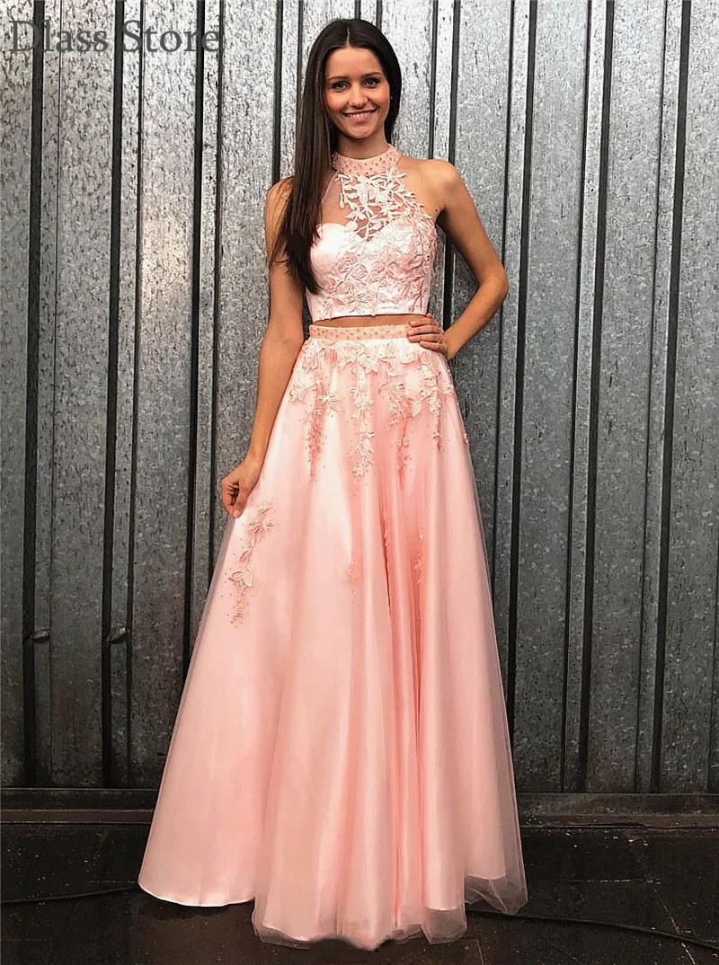 Flush Roze Prom Dress Applique Twee Stukken A-lijn Halter Kralen Tulle Elegante Mouwloze Illusion Avondjurk Вечернее Платье