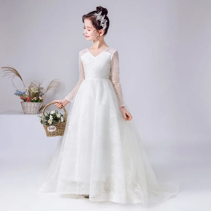 Dideydress-女の子のためのレースの花柄のドレス,パーソナライズされた長袖,結婚式やパーティーのためのドレス,プリンセスの誕生日,フォーマルなページェントドレス