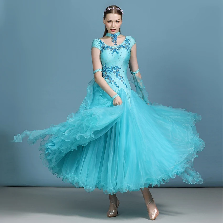 

Waltz Competition Ballroom Dress Standard Mordern Dance Performance Stage Costume Women Evening Gowns Short Sleeves Rhinestones