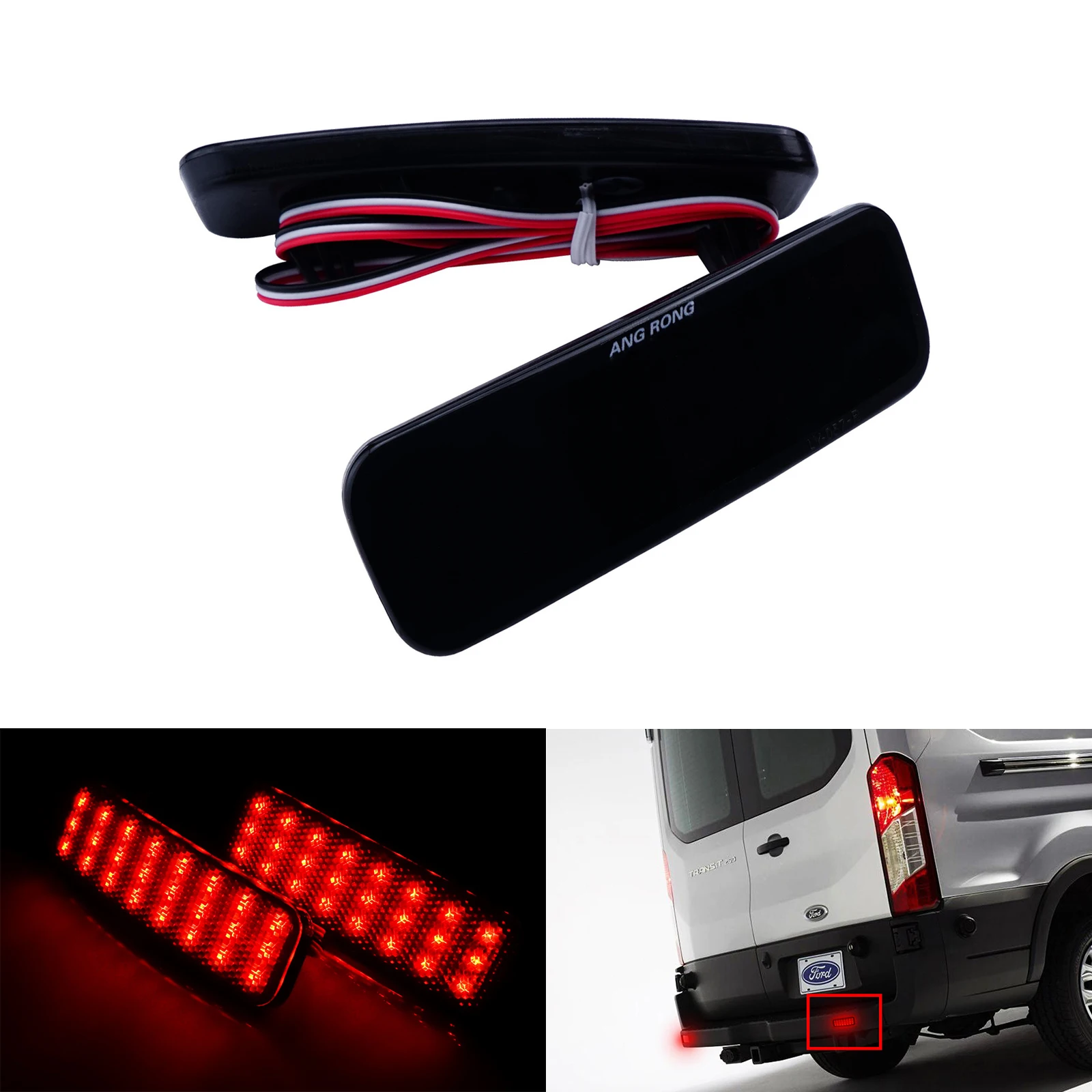 ANGRONG 2 Black Lens LED Tail Bumper Reflector Red Light For FORD TRANSIT VAN CUSTOM CONNECT