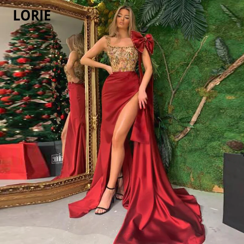 Lorie vestido de noite árabe com contas vermelho e dourado vestido de baile de cetim com fenda lateral alta sereia com laço vestido formal de celebridade vestido de festa