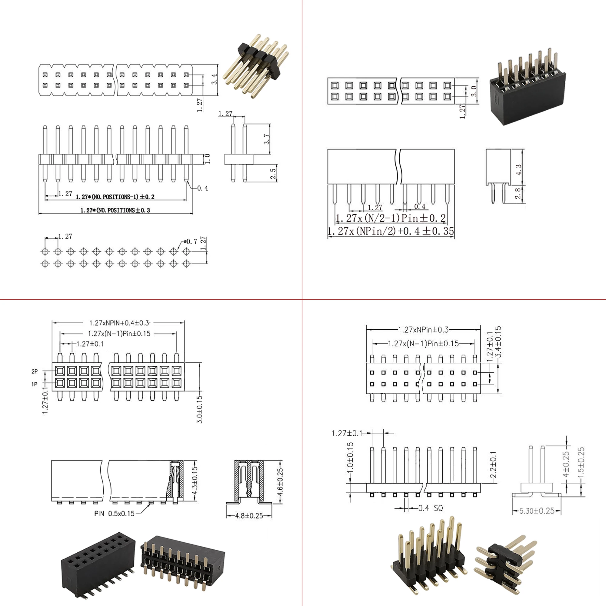 10Pcs 1.27mm Pitch 2x2P-50Pin Double Row Male Female Pin Header PCB Board Connector 1.27 mm Pinheader Socket SMD SMT