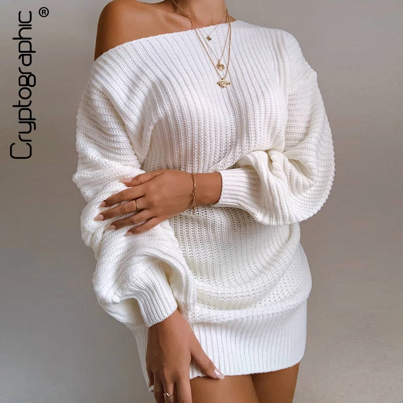 Cryptographic Casual Knitted Mini Dress Women Autumn Winter Sweaters Balloon Long Sleeve Knitwear Women\'s Dresses Loose Jersey